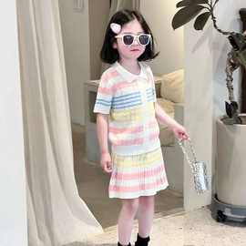 翻领排扣冰淇淋撞色麻花针织衫短袖开衫T恤松紧腰半身裙两件套潮