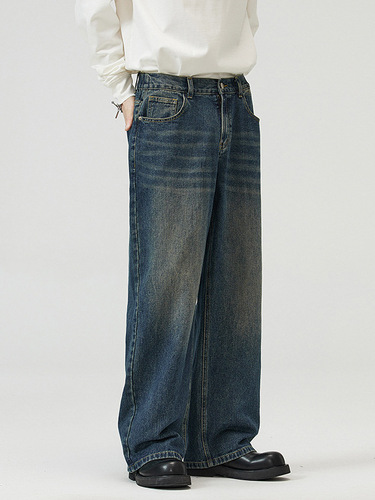Muxi Clothing #Autumn high street loose straight pants dark blue retro washed old jeans men and women's wide-leg pants