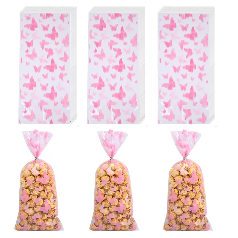 厂家批发粉色蝴蝶糖果袋零食塑料包装袋透明礼物袋节日礼品包装袋