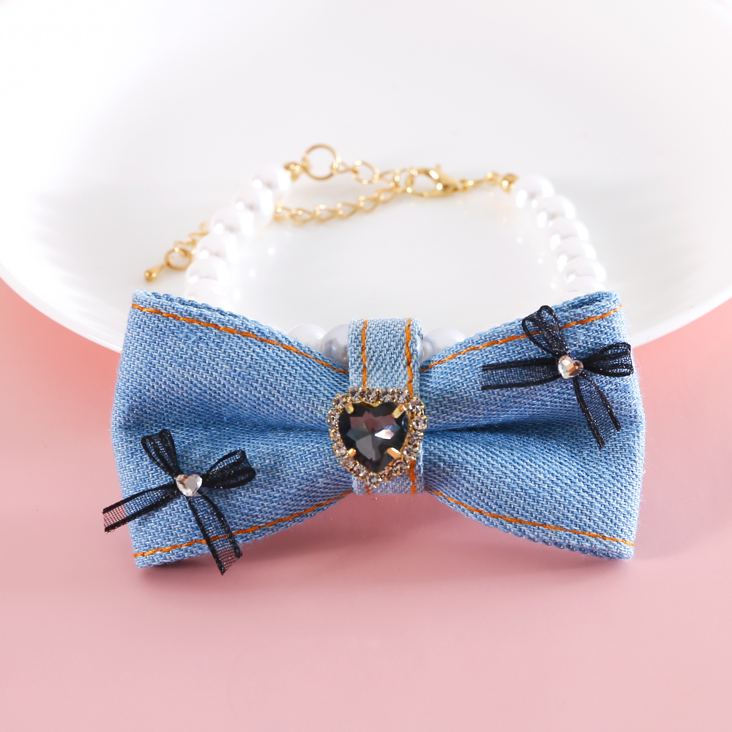 Perla de mascota collar de vaqueros princesa viento amor gemas diamante arco de cumpleaños alemán gato que oso collar