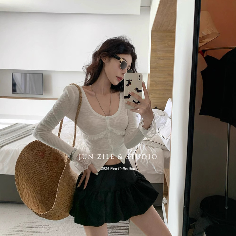 Women's Spring Top 2025 Slim-fit Short Slimming Sweet and Spicy Pure Lace Stitching Horn Sleeve Long Sleeve Cardigan