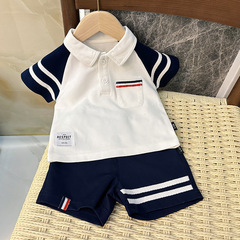 兒童T恤2023夏季新款嬰兒條槓學院風條紋套裝寶寶翻領Polo衫衣服