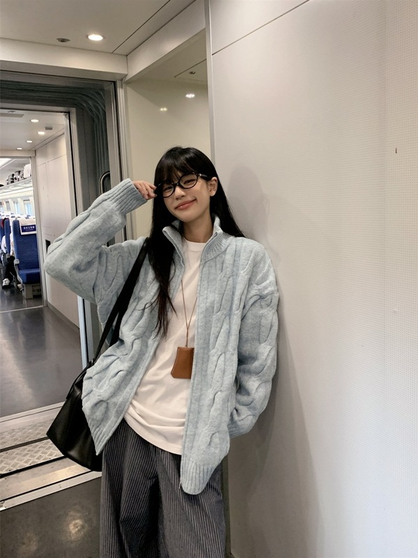 慵懒风奶fufu软糯麻花毛衣外套女秋冬百搭宽松温柔拉链针织开衫厚|undefined