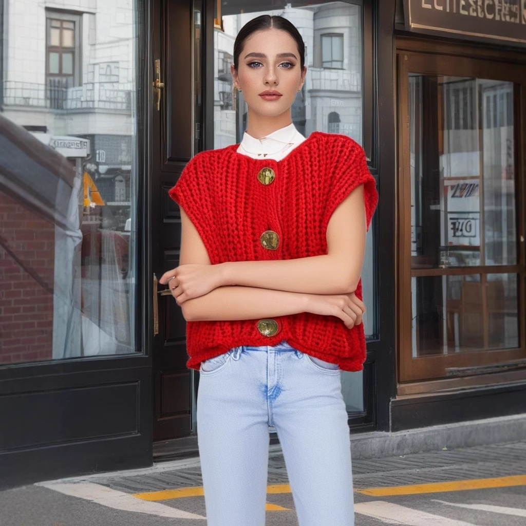 Venta rápida explosión de otoño y invierno 2024 nueva ropa de mujer bolsillo de estilo europeo y americano sin mangas chaleco de punto corto cardigans chaleco