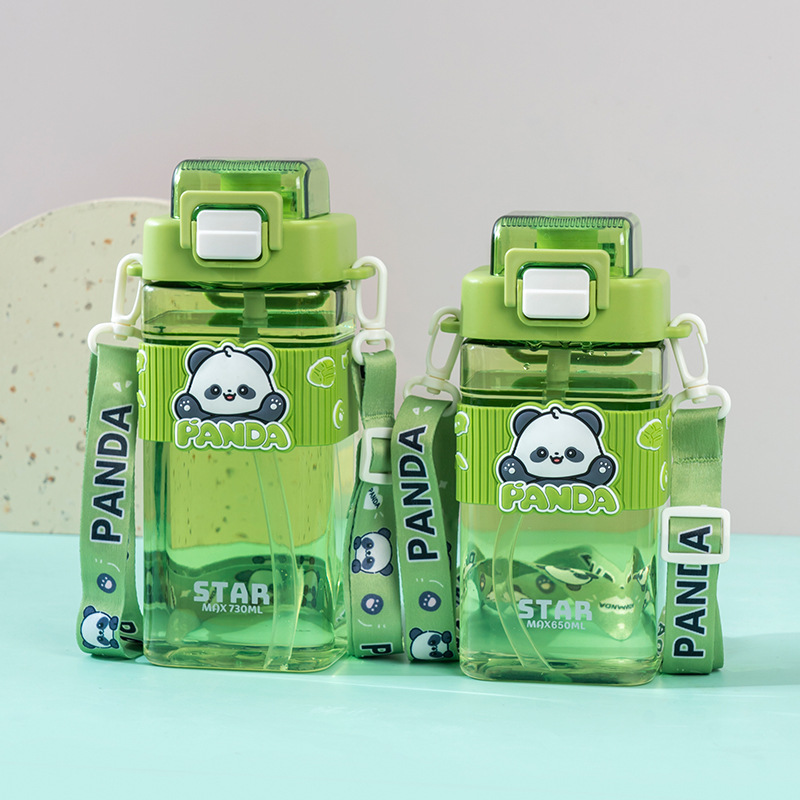 Yitongxin Panda simple taza de plástico de doble bebida taza cuadrada portátil de dibujos animados para niños botella de agua taza de paja de tapa de bloqueo