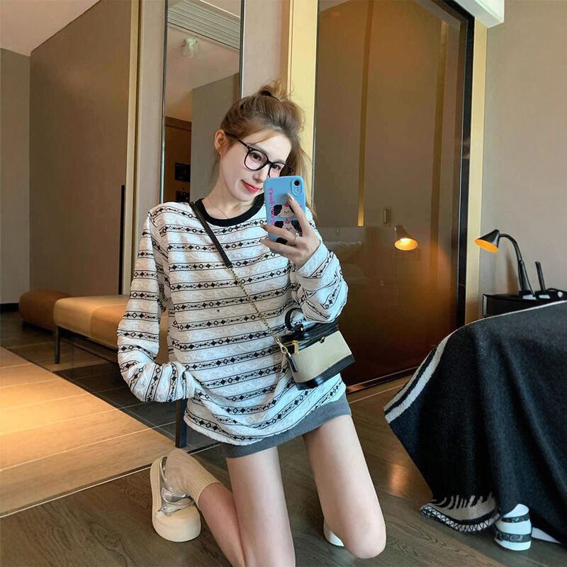 小众镂空拼接条纹长袖t恤女2025新款设计感宽松慵懒风打底衫上衣|undefined