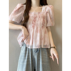ミントマンボ夏の新しいフレンチスクエアカラー花柄甘い半袖シフォンシャツカレッジスタイルパフスリーブトップ女性用