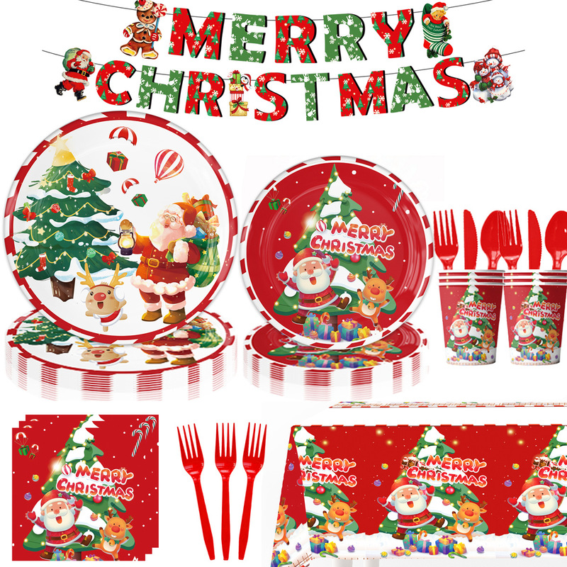 Cross-border Christmas Party Paper Plate Decoration Children's Party suit Flag Balloon Cutlery New Year Party Supplies