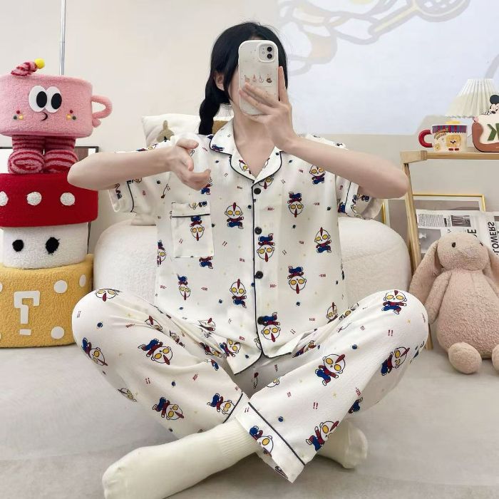 Vietnam transfronterizo al por mayor pijamas de verano para mujer, pantalones frescos de manga corta, cárdigan estampado, servicio a domicilio, dos trajes