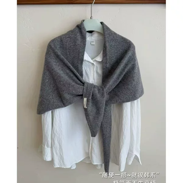 100% wool triangle scarf, knitted large shawl for women, autumn and winter style, warm outer layer, layered scarf, neck protector, cross-border