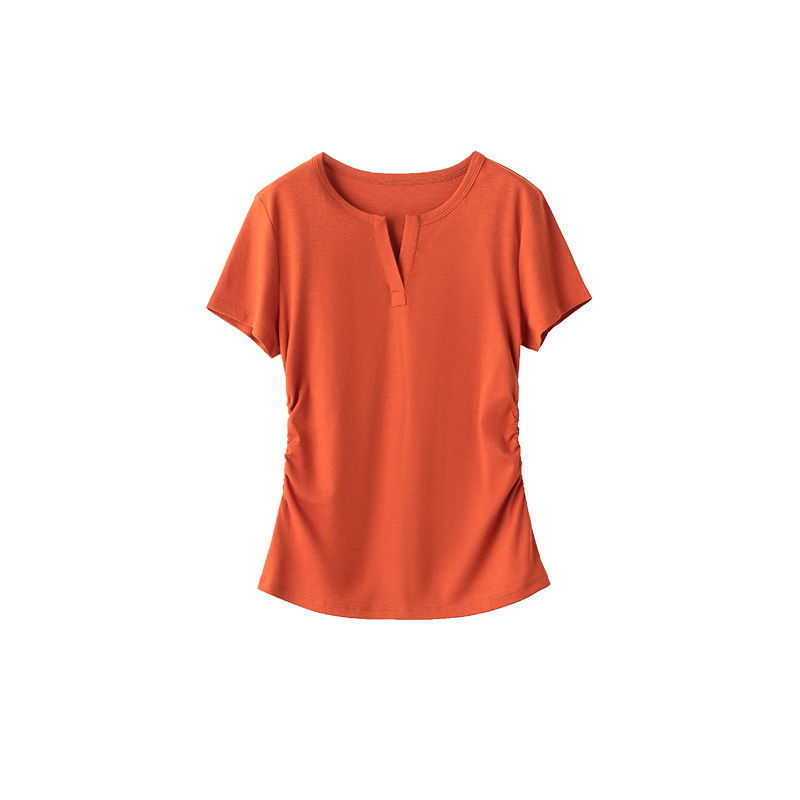 女性用右肩ハーフオープンカラースリムウエストTシャツ25夏新作不規則プリーツウエストデザインベーシックインナートップ|undefined