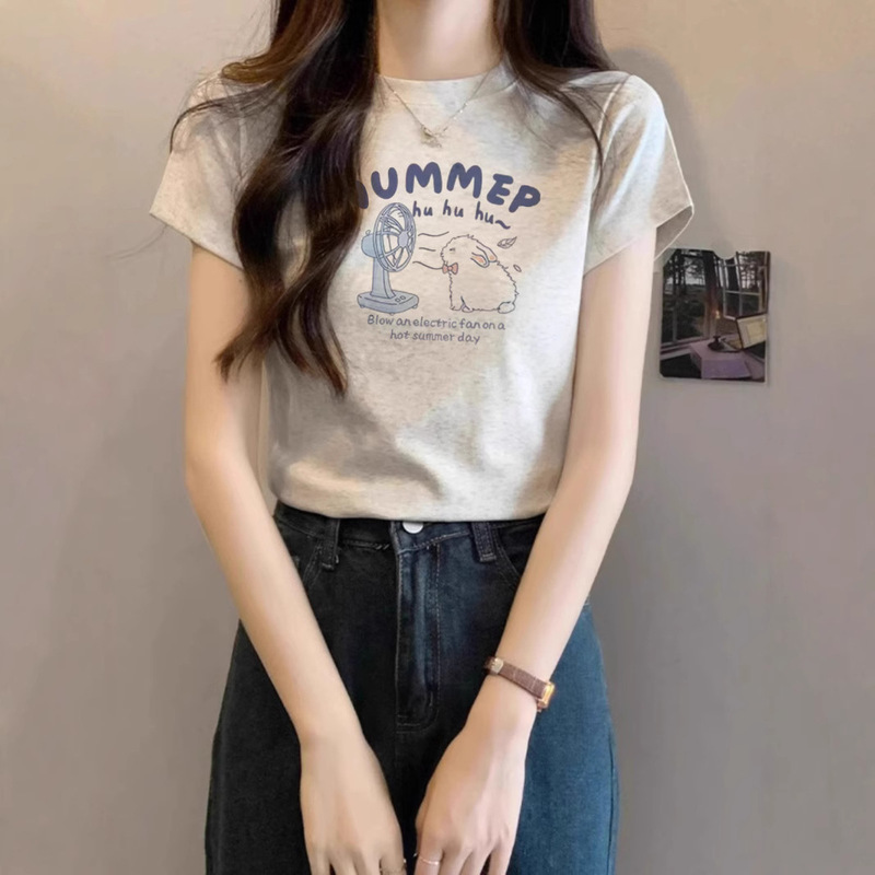 デザインニッチな右肩ピュアコットン半袖Tシャツレディース夏新作プリントスリムラウンドネックグレートップトレンディ|undefined