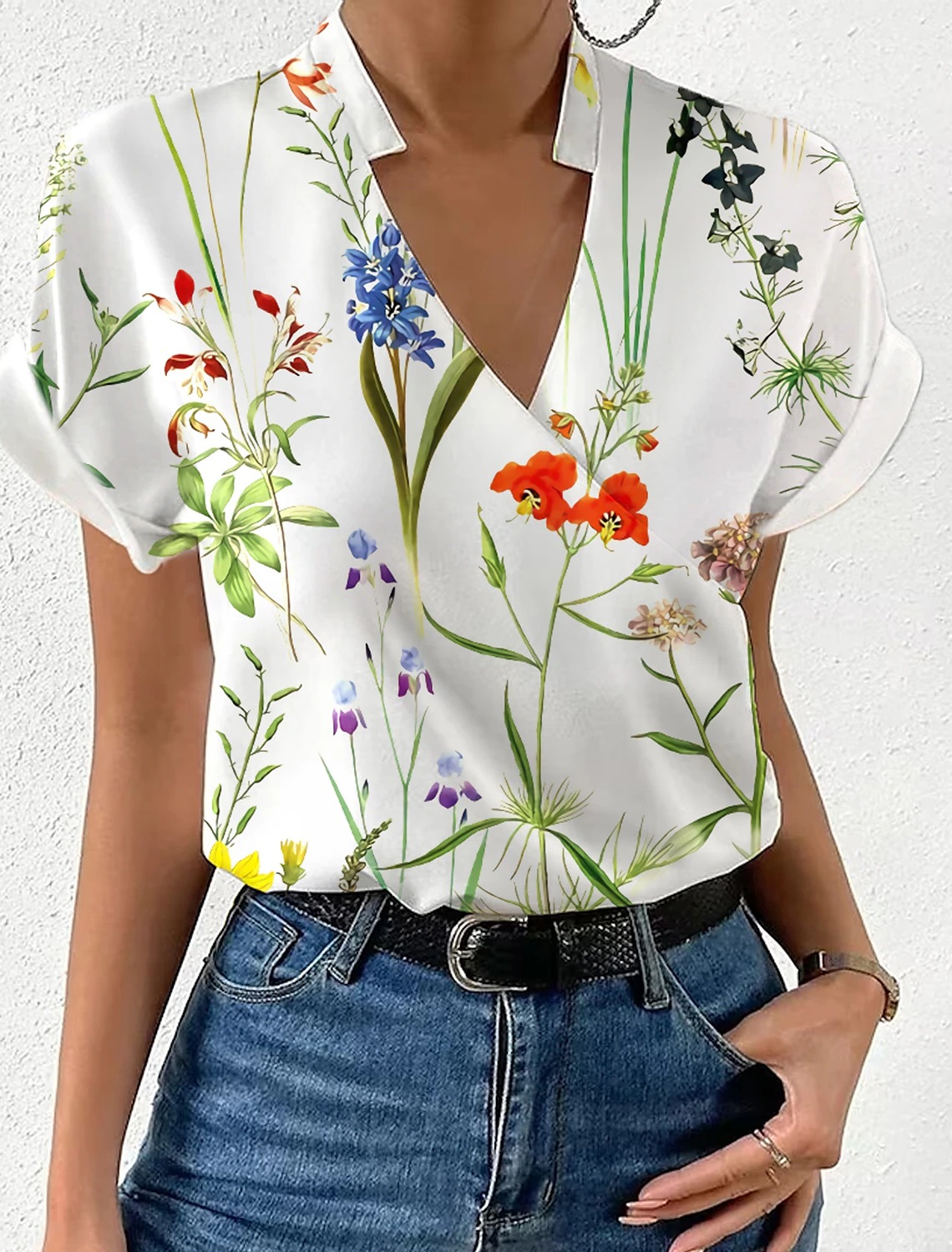 2023 Estación independiente deseo Amazon popular verano suelta cuello en V collar impreso camisa ropa de mujer image 7