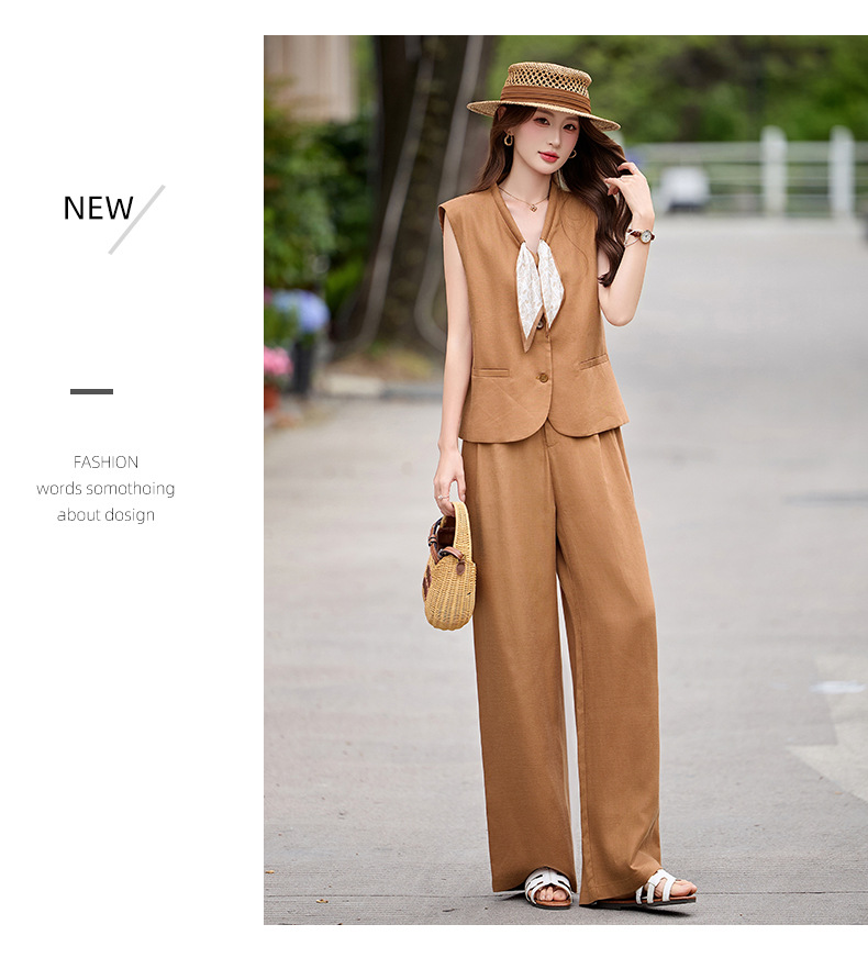 Bộ vest nữ gồm áo gile và quần tây ống đứng cạp cao — màu đen, màu cam, màu trắng ngà chi tiết 11