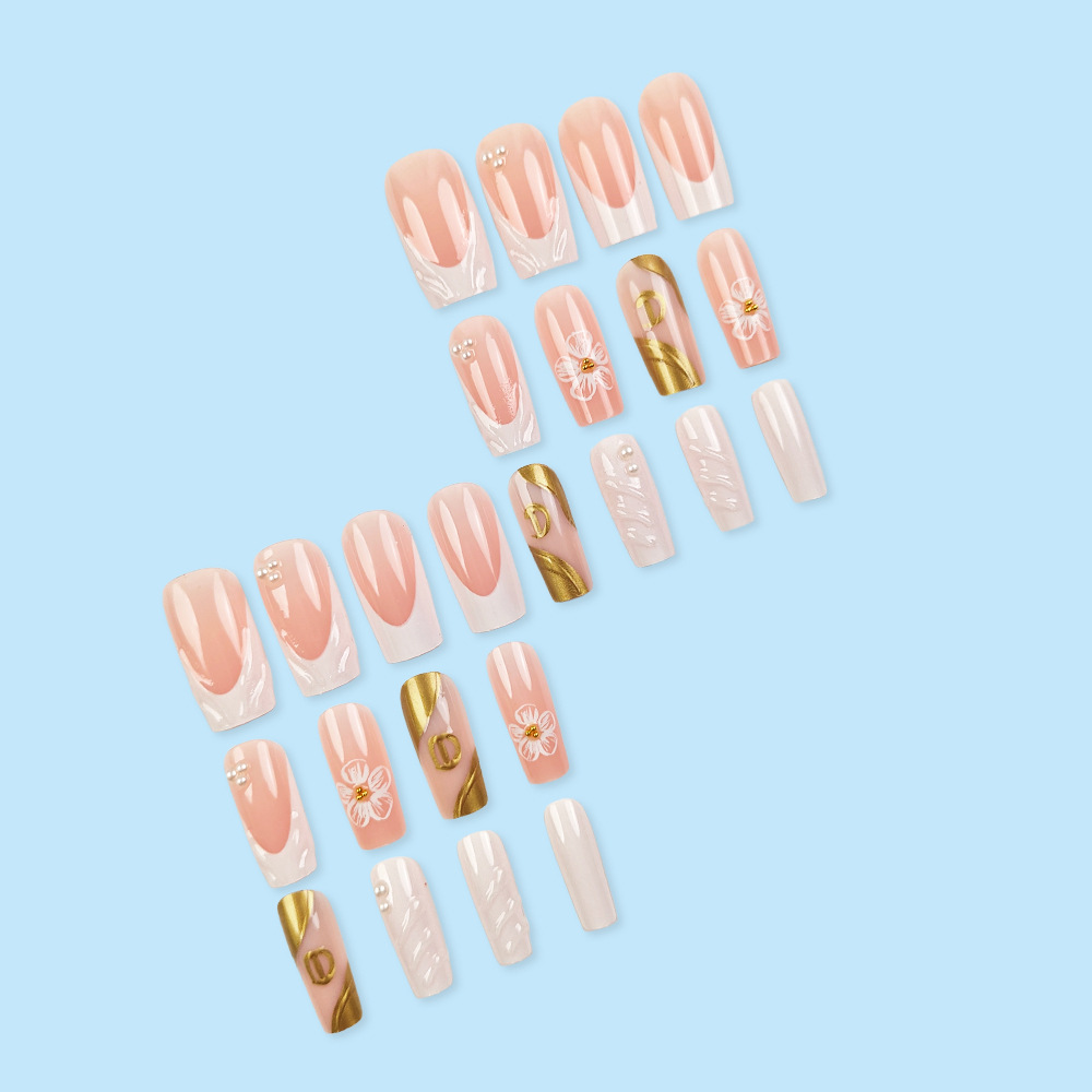 3D goteo de flores de perlas de oro de manicura francesa transfronteriza venta caliente tubería de agua para usar uñas 24 piezas de parche de uñas
