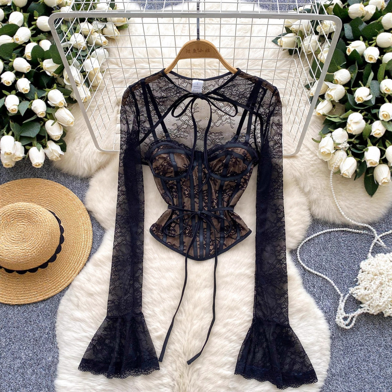 Foreign Trade European and American Pure Desire Sexy Waist Vest Thin Bell Sleeve Lace Shirt Hot Girl Two-Piece Set