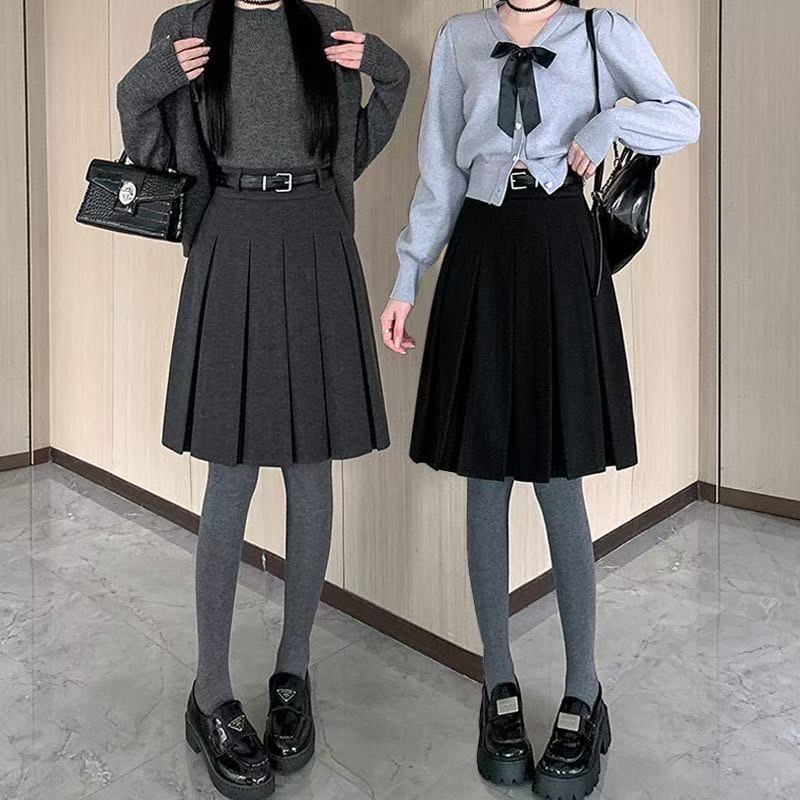 大码MM美式灰色毛呢百褶半身裙秋冬高腰中长款显瘦a字遮跨半身裙