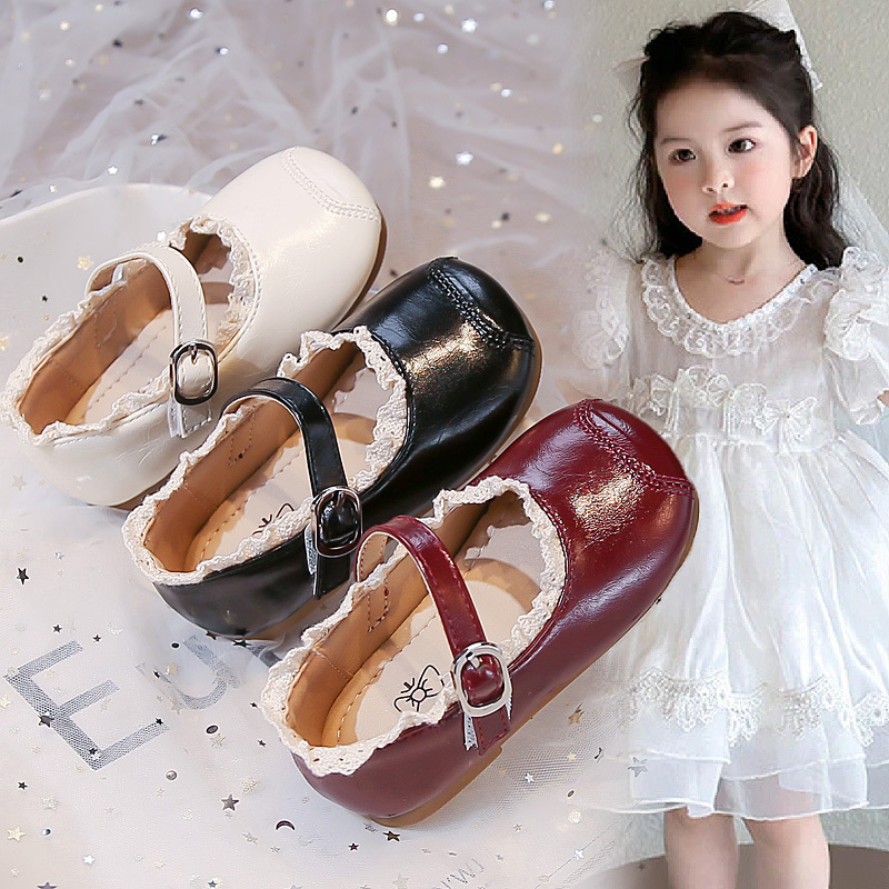 Lace-Trimmed Girls' Solid Color Leather Shoes 2026 Spring and Autumn New Style for Little Girls, Small, Medium, and Large Children, Single Shoes, Performance Shoes