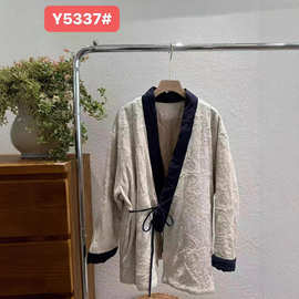 拼色提花亚麻棉服 2025冬新款系带文艺复古风宽松版外套棉衣女