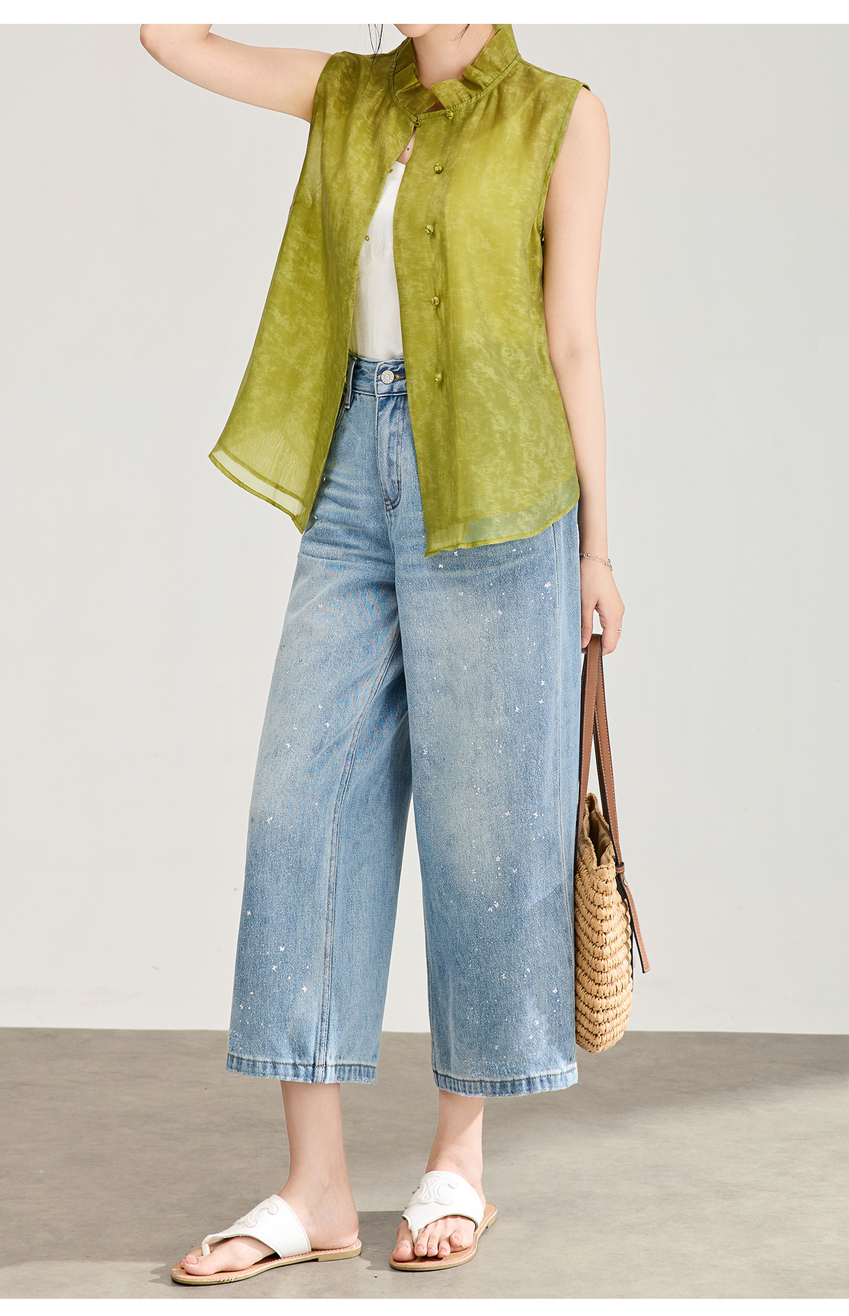 Quần jean nữ ống rộng cạp cao chất cotton mài trắng phối sequin bướm — xanh lam chi tiết 20