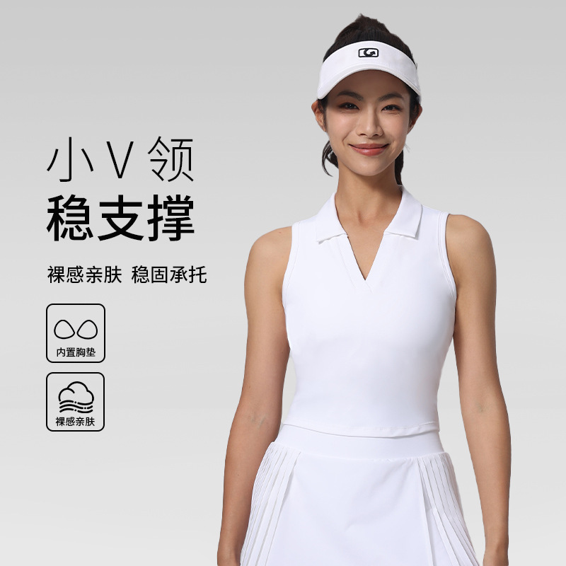 New Lapel Polo Shirt Tennis Wear Golf Sleeveless Sports Vest Women's Tight-Fitting V-Neck Running Fitness Top