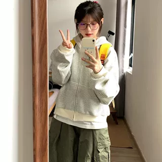 韩系慵懒开衫条纹卫衣外套女2025秋季新款chic港风宽松连帽上衣服