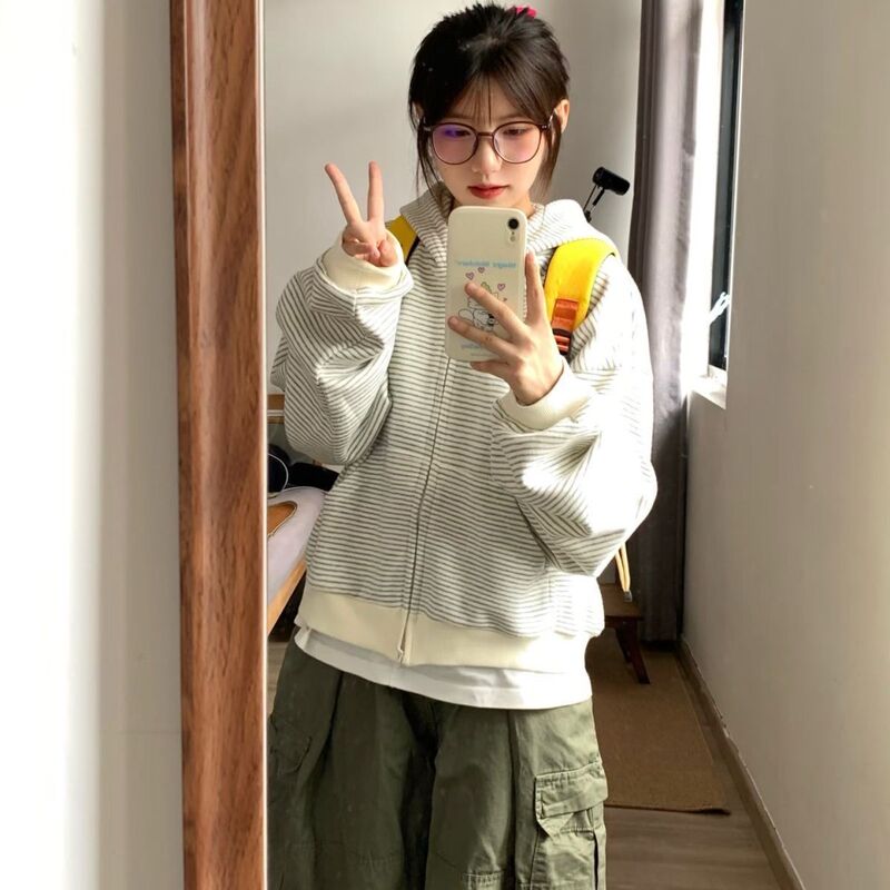 韩系慵懒开衫条纹卫衣外套女2025秋季新款chic港风宽松连帽上衣服|undefined
