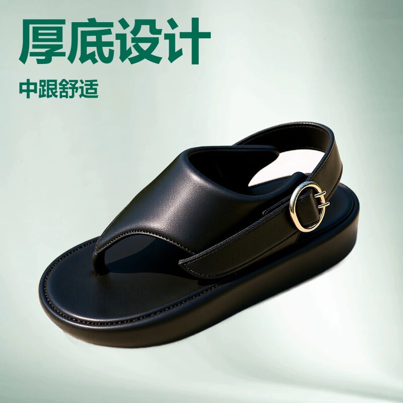 Thick-Soled Height-Increasing Thong High-Heeled Sandals for Women 2025 Versatile Retro Belt Buckle Roman Beach Shoes 2026 Cross-Border