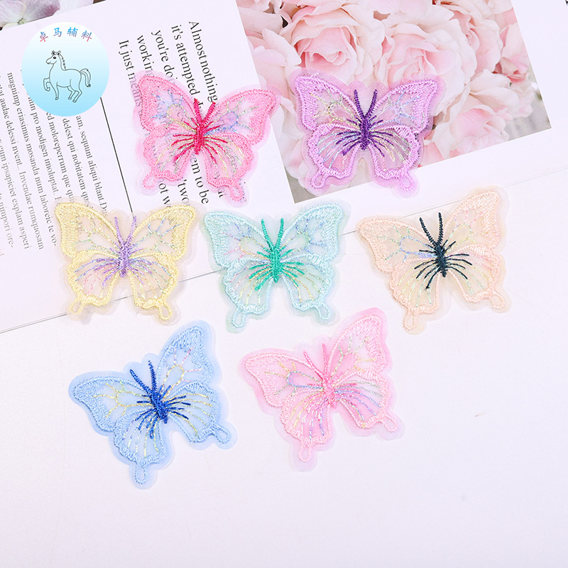跨境新款彩色5cm单层网纱蝴蝶刺绣布贴发夹配件服装辅料补丁贴
