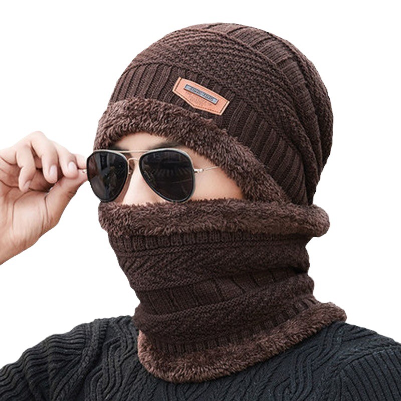 Winter Knitted Hat Men's Velvet Warm Scarf All-In-One Hat Thickeneded Woolen Hat Women's Baotou Hat Cross-Border