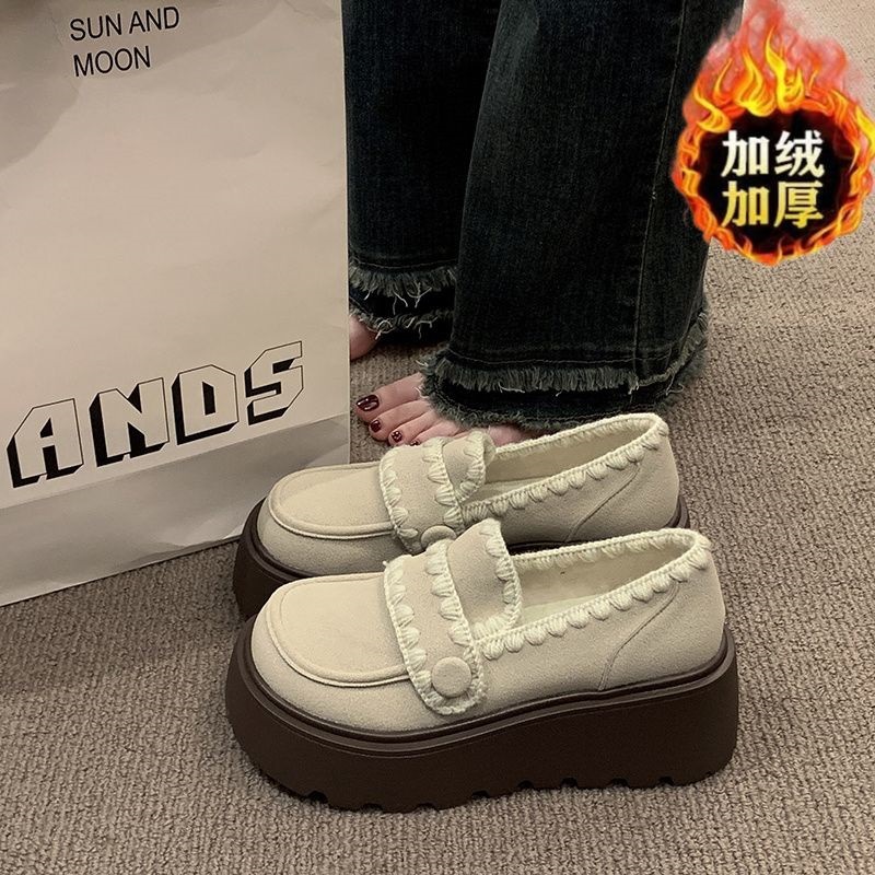 增高加绒保暖2025皮鞋新款百搭秋冬脚蹬厚底复古加绒乐福棉鞋