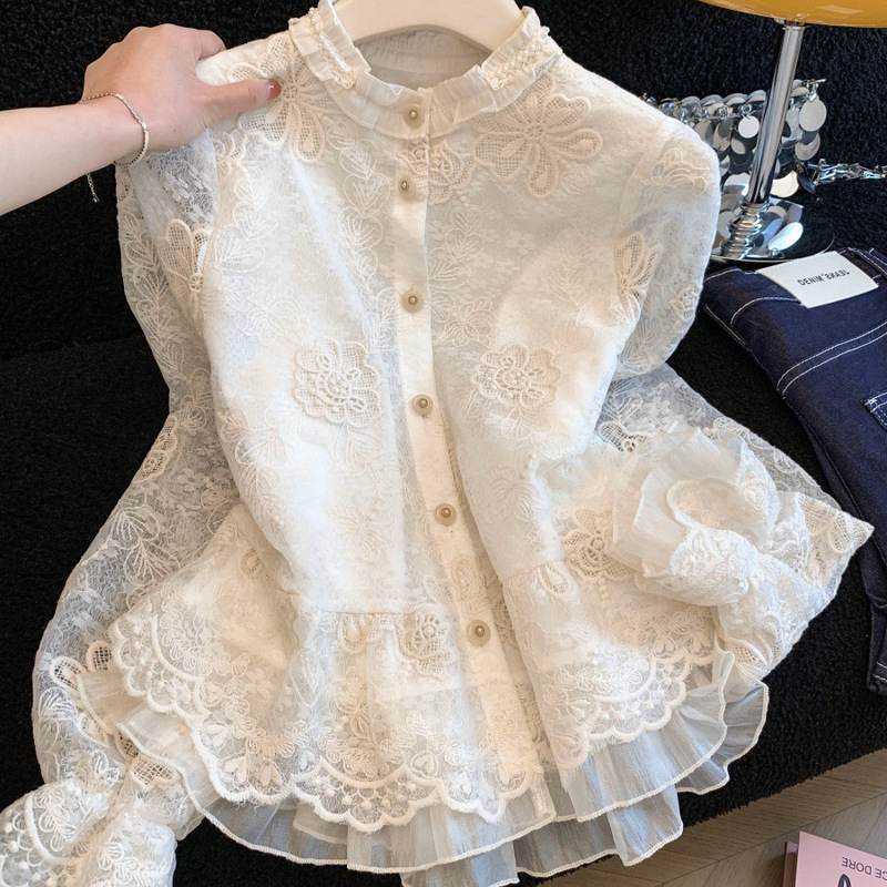 French Court-Style Lace Embroidered Shirt for Women, Early Spring Korean Version, Elegant Ruffled Edge, Beautiful and Finely Crafted Long-Sleeve Top French Court-Style Lace Embroidered Shirt for Women, Early Spring Korean Version, Elegant Ruffled Edge, Beautiful and Finely Crafted Long-Sleeve Top