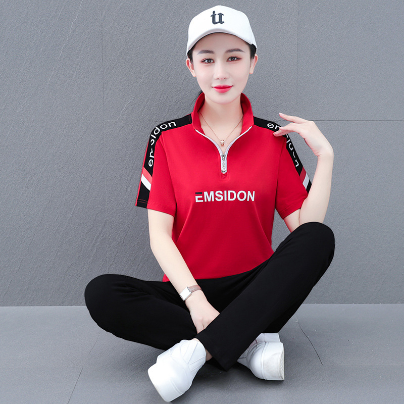 純綿ストレッチプリントファッションカジュアルスポーツスーツ女性の夏のスタンドカラーグループ購入スクエアダンス衣装 2 点セット|undefined