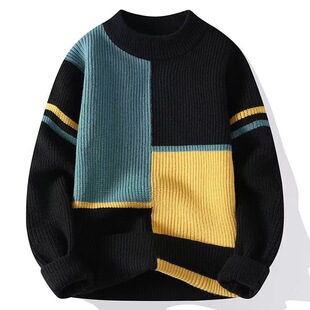 Cross-border Winter Sweater Men's Contrasting Color Trendy Brand Bottoming Knitted Sweater Loose Lazy Sweater Foreign Trade Men's Warm Sweater