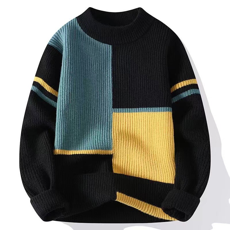 Cross-border Winter Sweater Men's Contrasting Color Trendy Brand Bottoming Knitted Sweater Loose Lazy Sweater Foreign Trade Men's Warm Sweater
