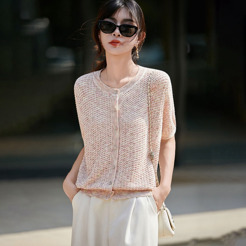 2026 Summer New Cotton and Linen Sequin Hollow-Out Round Neck Short-Sleeve Cardigan for Women, Loose Casual Versatile Knit Cardigan Trendy 2026 Summer New Cotton and Linen Sequin Hollow-Out Round Neck Short-Sleeve Cardigan for Women, Loose Casual Versatile Knit Cardigan Trendy