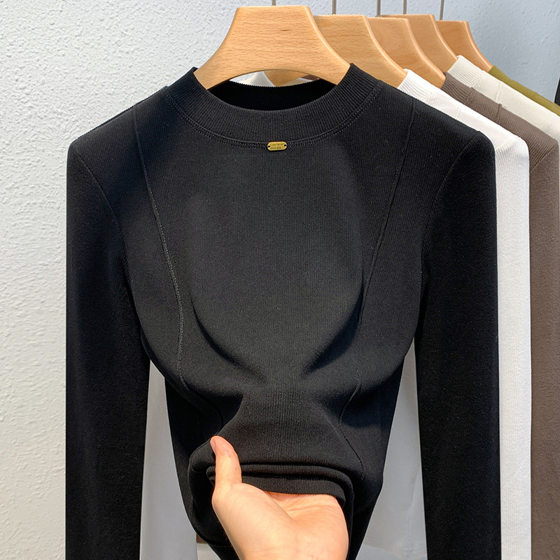 Camiseta de cuello alto para mujer, estilo europeo 2025, nueva moda femenina, color sólido, manga larga, con diseño que estiliza la cintura y capa interior con diseño de espina de pescado.