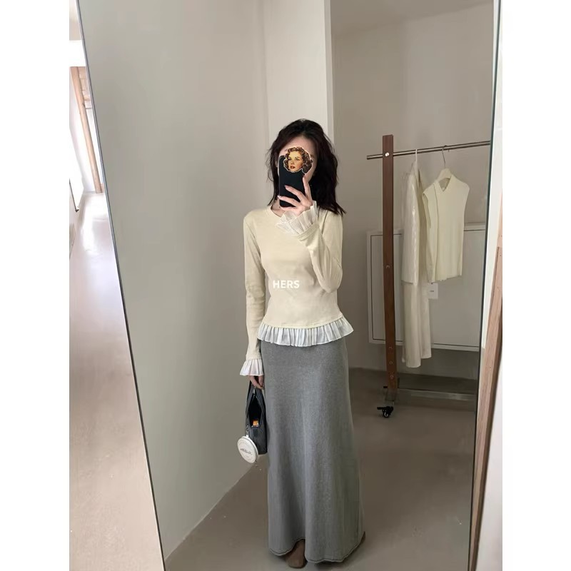 韓国系レトロ春秋新作シンプル気質波辺ステッチデザイン感長袖tシャツ女性ボトムシャツ上着|undefined