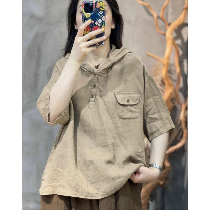 Summer loose casual T-shirt retro hooded short-sleeved T-shirt women's new shirt loose small pocket meat covering top