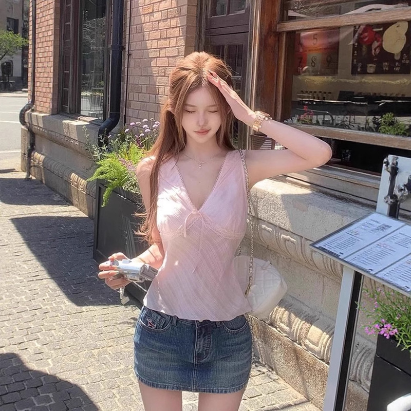 Pure Desire Sweet Hot Girl V-Neck Sleeveless Shirt Top Women's Design Temperament Strap Bow Camisole Summer