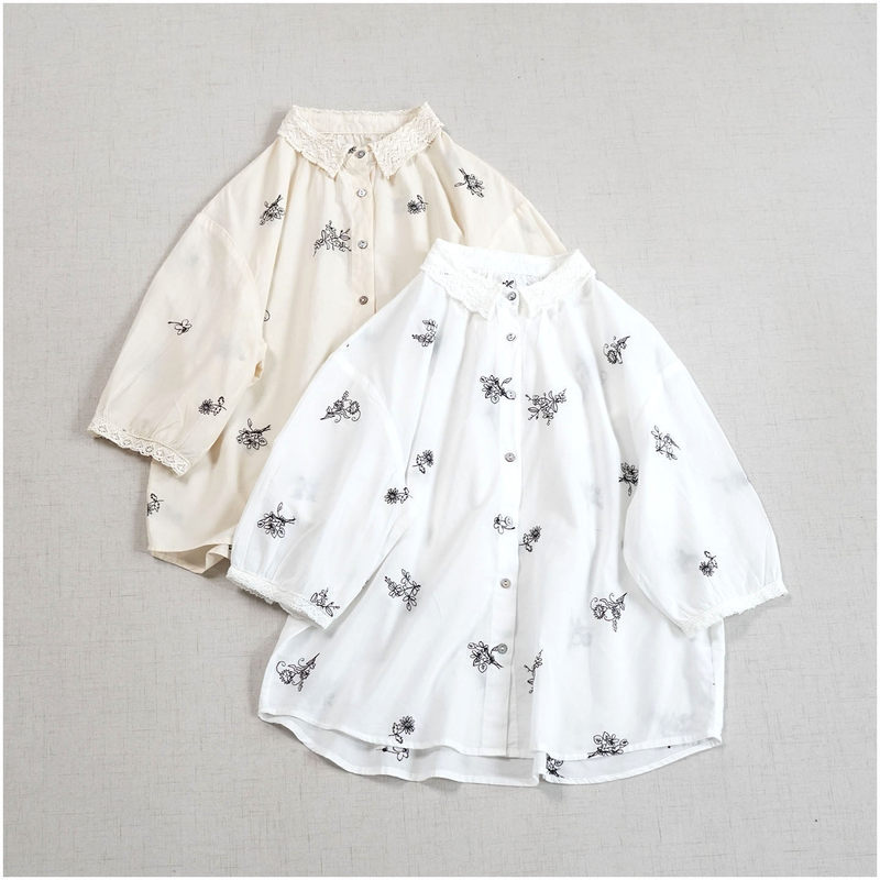 Summer Thin Cotton Embroidered Lace Collar Loose Shirt, Artistic Sweet Versatile Five-Quarter Sleeve Mori-Style Top Summer Thin Cotton Embroidered Lace Collar Loose Shirt, Artistic Sweet Versatile Five-Quarter Sleeve Mori-Style Top