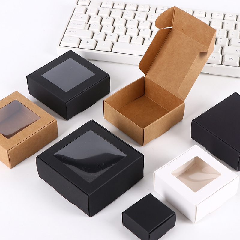 批发牛皮纸盒开窗飞机盒盲盒黑色白卡手工皂迷你喜糖冰箱贴包装盒