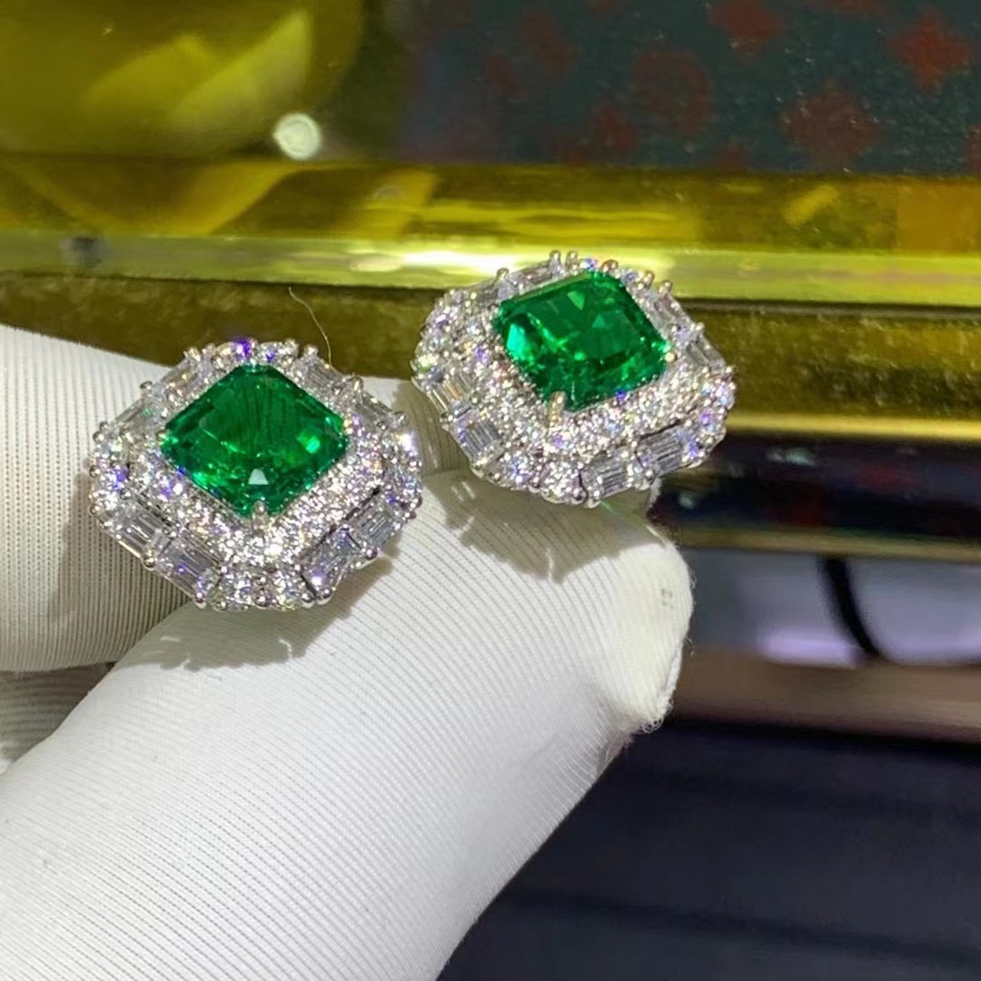 Plata esterlina francesa lujo ligero alto orejas cultivar esmeralda colombiana diamantes cuadrados orejas joyas para mujeres