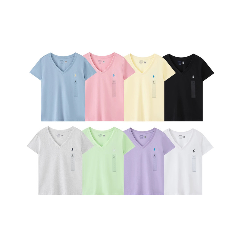Cross-Border~Scan Code to Purchase 26Ss Rl Ralph Lauren Summer Women's Slim-Fit Solid Color Pony Embroidery V-Neck Short-Sleeve Pure Cotton T-Shirt