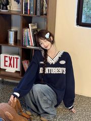 【320グラムの薄いタイプ】バレエ風が色vネックレースにぶつかってアルファベットのプリントをつなぎ合わせます。