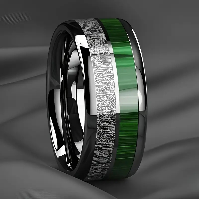 Men's 8mm Stainless Steel Ring with Green Marble Inlay, Steel-Colored Beveled Edge, Double Groove Watermelon Skin + Silk