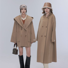 高端双面羊绒连帽大衣女22新款双排扣宽松长短款100羊毛呢子外套