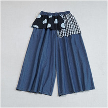 日系小众丐版拼接牛仔阔腿裤 夏季新款薄棉松紧腰休闲复古裙裤女