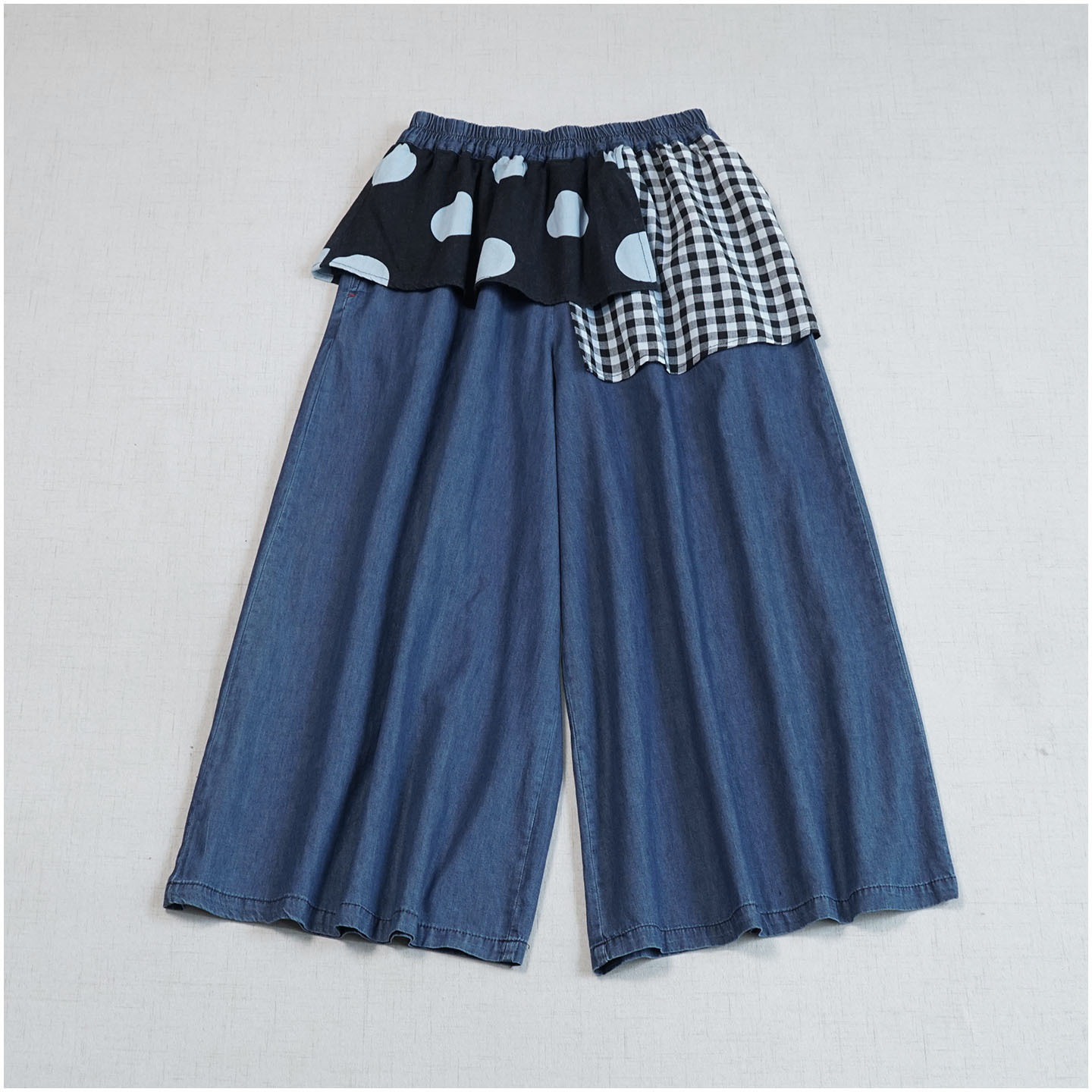 日系小众丐版拼接牛仔阔腿裤 夏季新款薄棉松紧腰休闲复古裙裤女