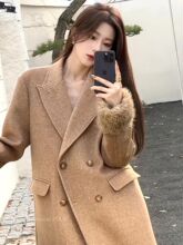 卡其色毛呢外套今年流行韩版宽松2023新款中长款双排扣呢子大衣女